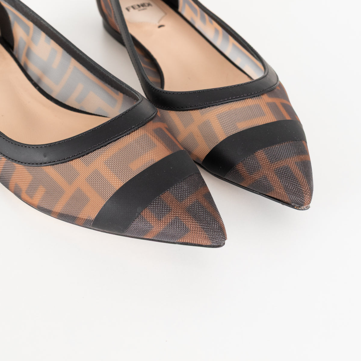 Fendi Brown Black Zucca Mesh Leather Flat Pumps