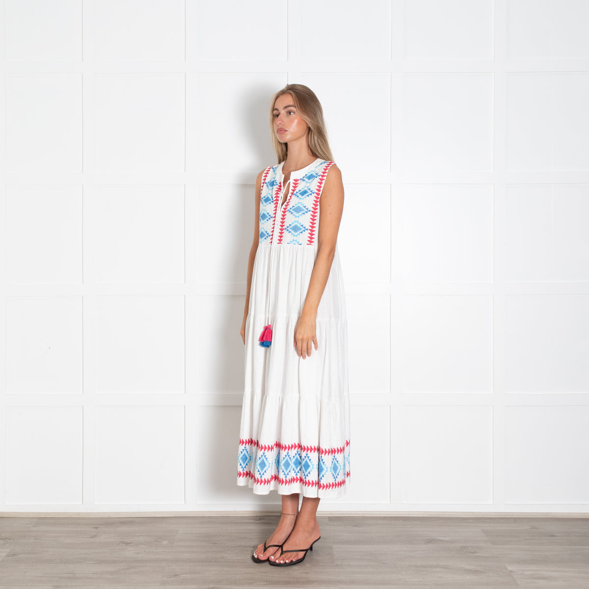 Passager White Dress With Pink And Blue Aztec Embroidery
