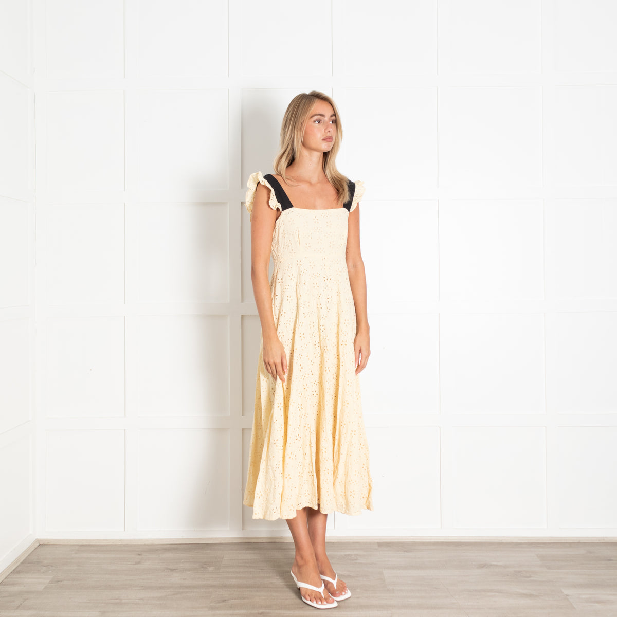 Ghost Pale Yellow Broderie Anglaise Midi Dress