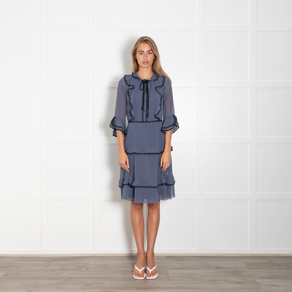 Mikael Aghal Air Force Blue Black Trim Long Sleeve Frilled Dress