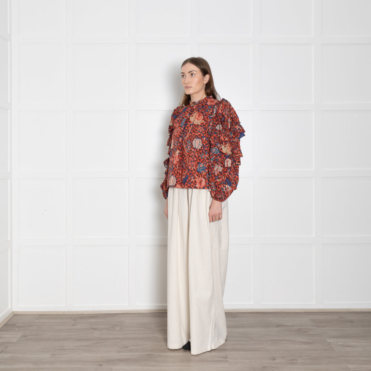 Ulla Johnson Orange, Blue, Beige,  Black Floral Blouse & Ruffled Sleeves