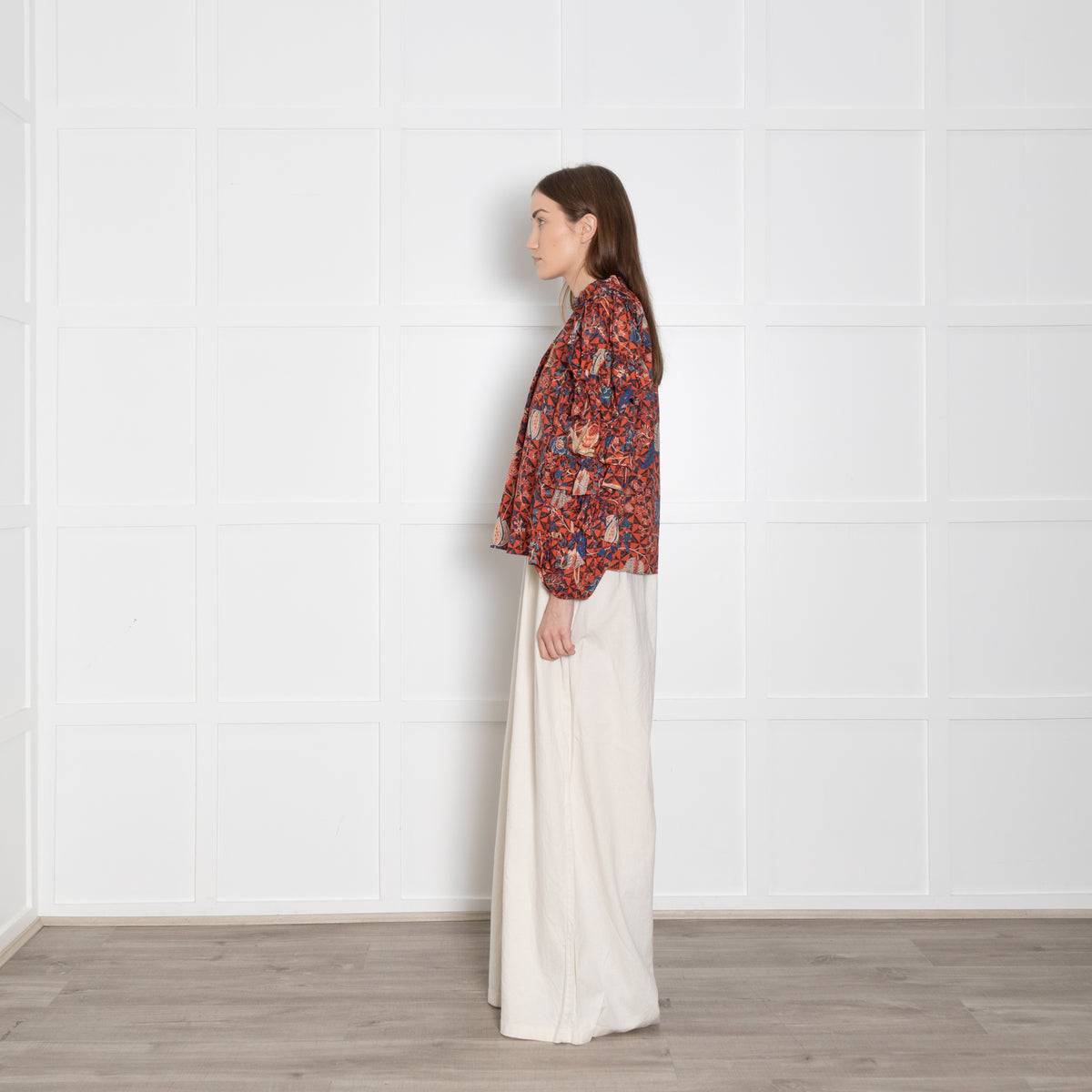 Ulla Johnson Orange, Blue, Beige,  Black Floral Blouse & Ruffled Sleeves