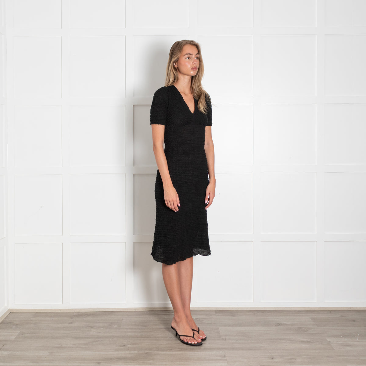 Masscob Black Shirred Short Sleeve Midi Caviar Dress