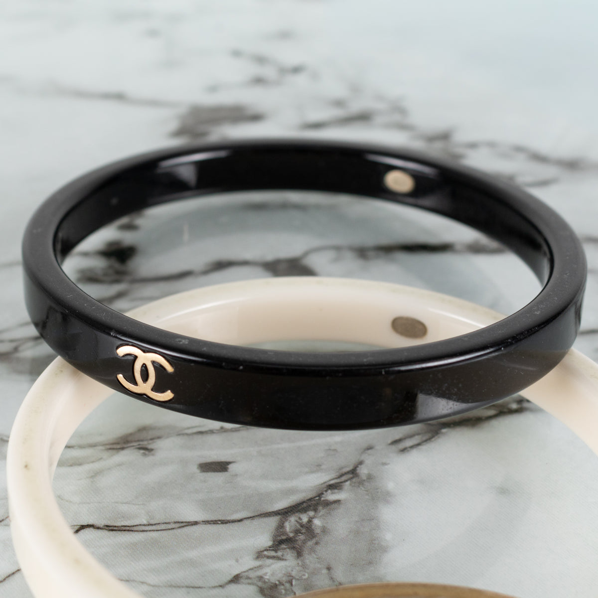 Chanel CC Resin Gold White Black Tone Bangles x3