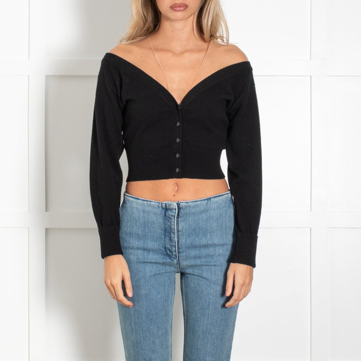 Alexander Wang Black Wool Blend Nude Tule Trim Cropped  Cardigan