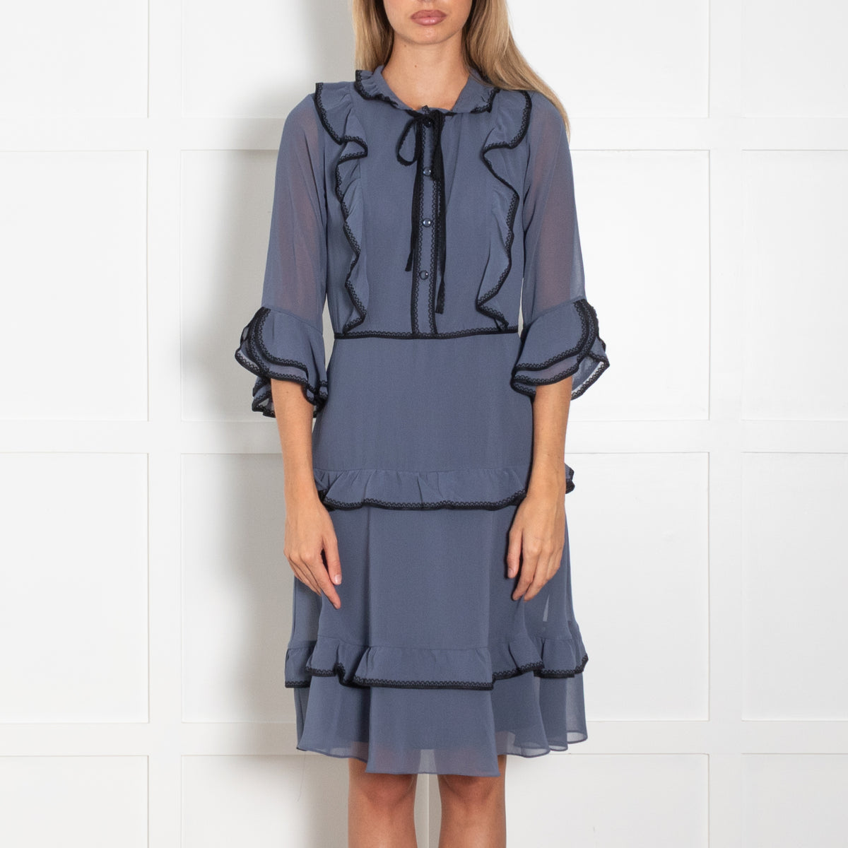 Mikael Aghal Air Force Blue Black Trim Long Sleeve Frilled Dress