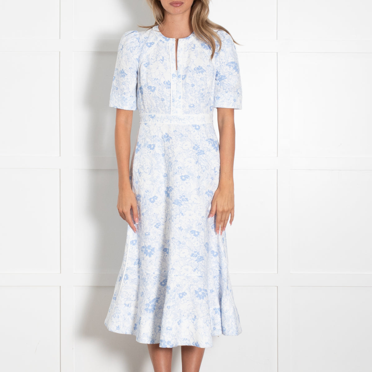Me + Em White Blue Floral Textured Fabric Cotton Dress