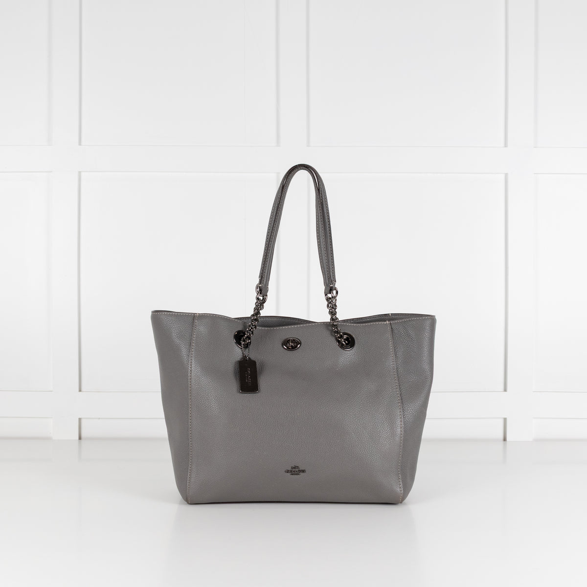 Coach Grey Pebbled Leather Turnlock Chain Tote