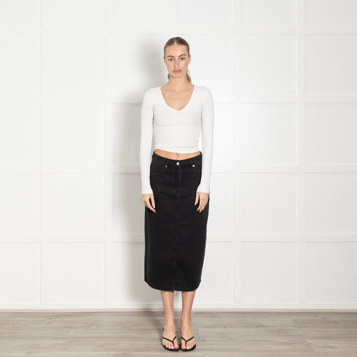 Prada Black Polyester Cotton Denim Long Skirt