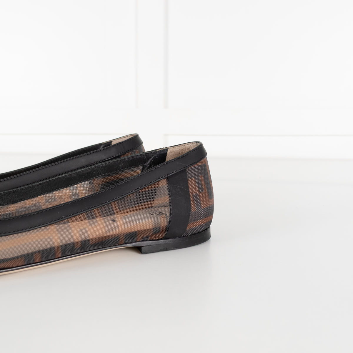 Fendi Brown Black Zucca Mesh Leather Flat Pumps