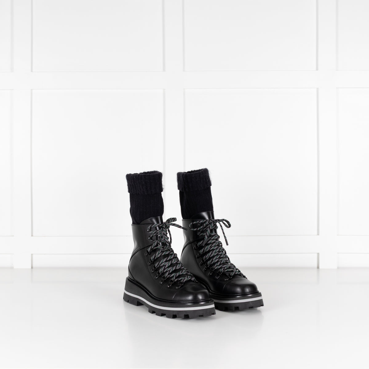 Jimmy Choo Chike Flat Black Leather & Ribbed Knit Boots