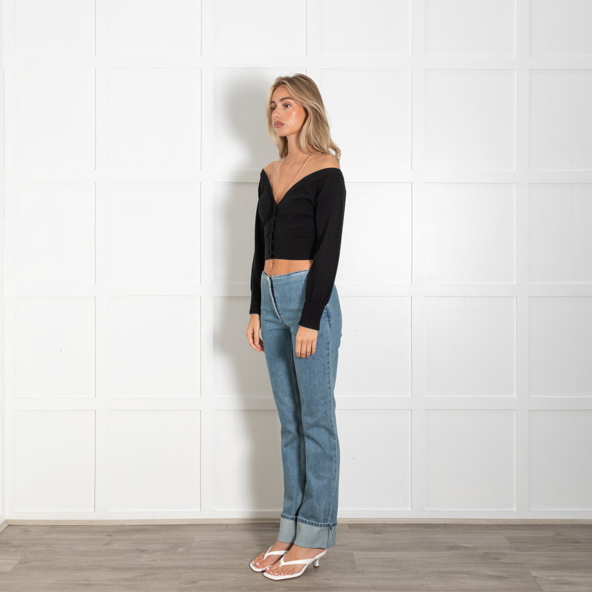 Alexander Wang Black Wool Blend Nude Tule Trim Cropped  Cardigan