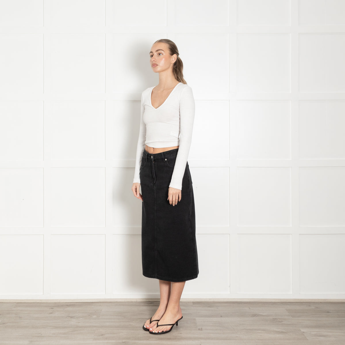 Prada Black Polyester Cotton Denim Long Skirt