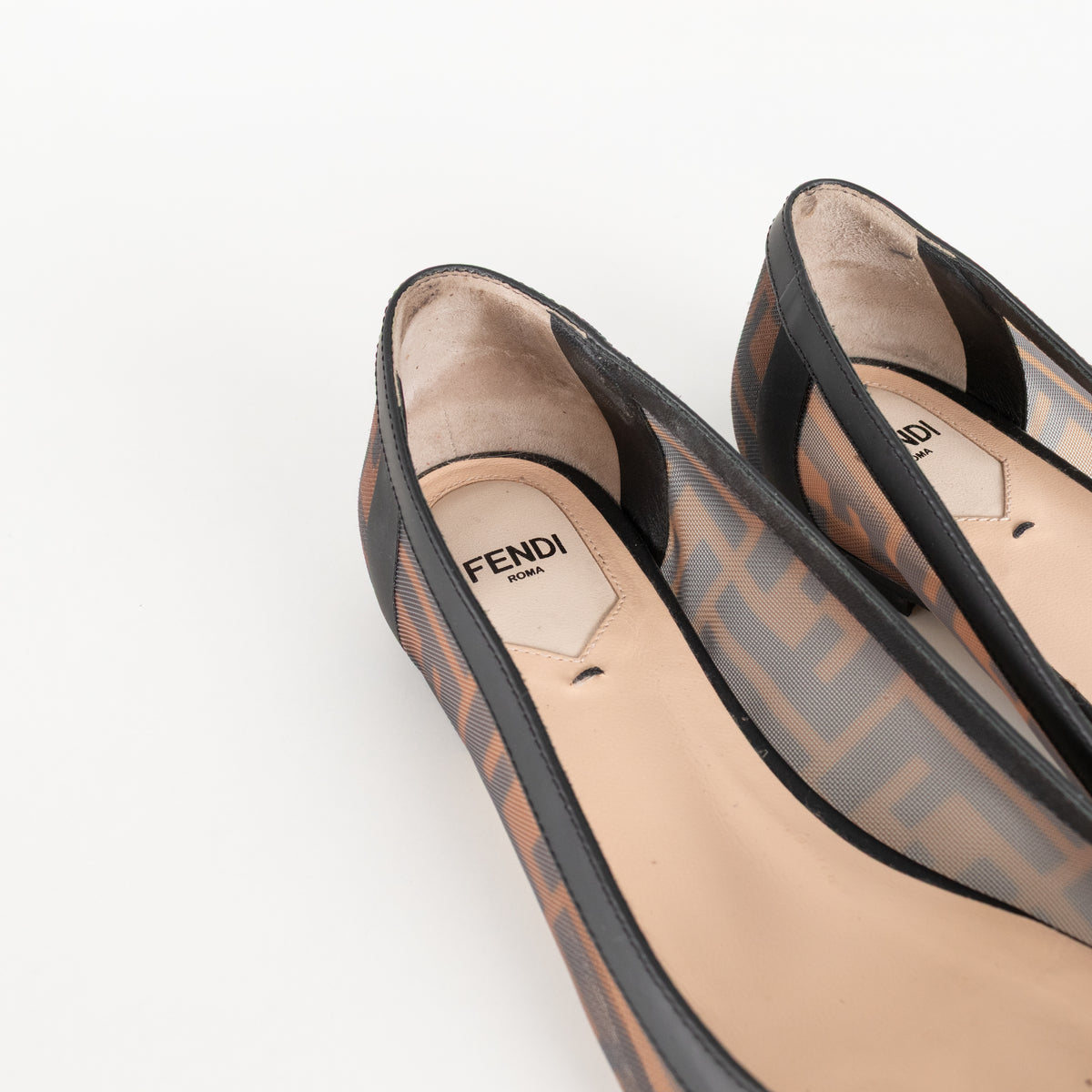 Fendi Brown Black Zucca Mesh Leather Flat Pumps