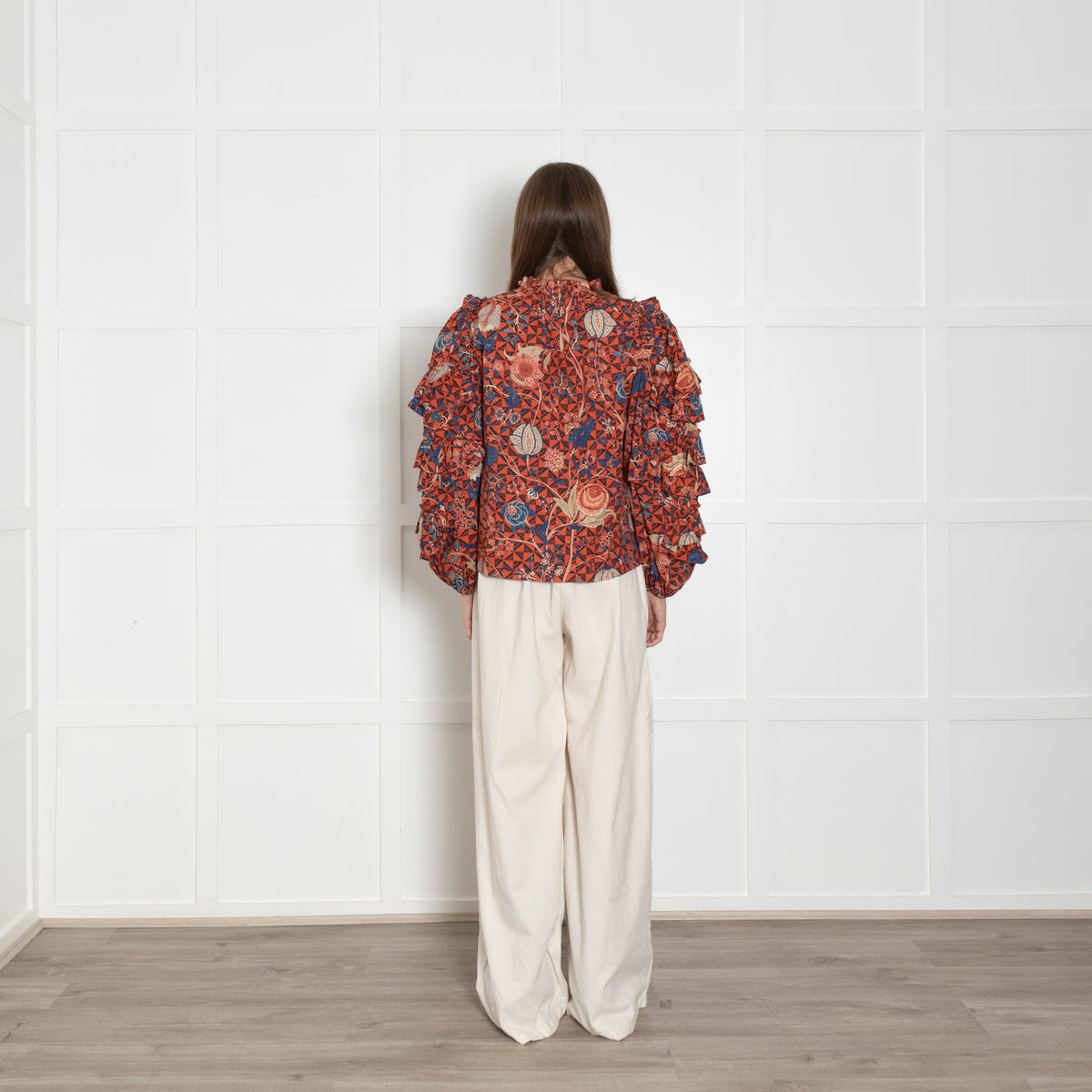 Ulla Johnson Orange, Blue, Beige,  Black Floral Blouse & Ruffled Sleeves