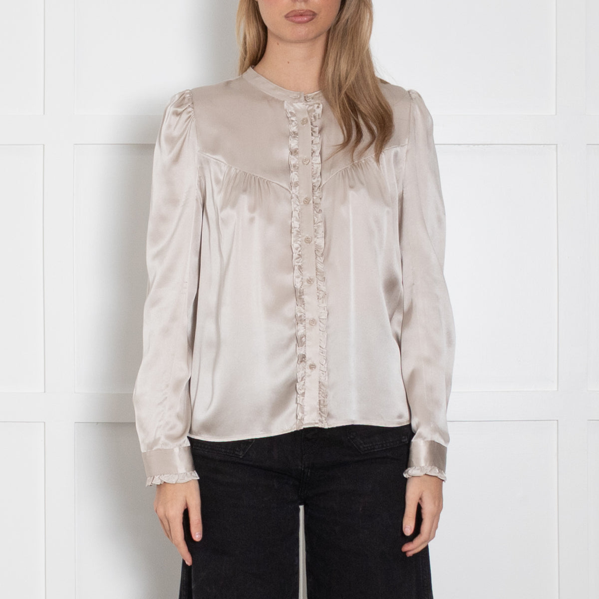 Wyse Light Gold Silk Satin Ruffle Trim Blouse