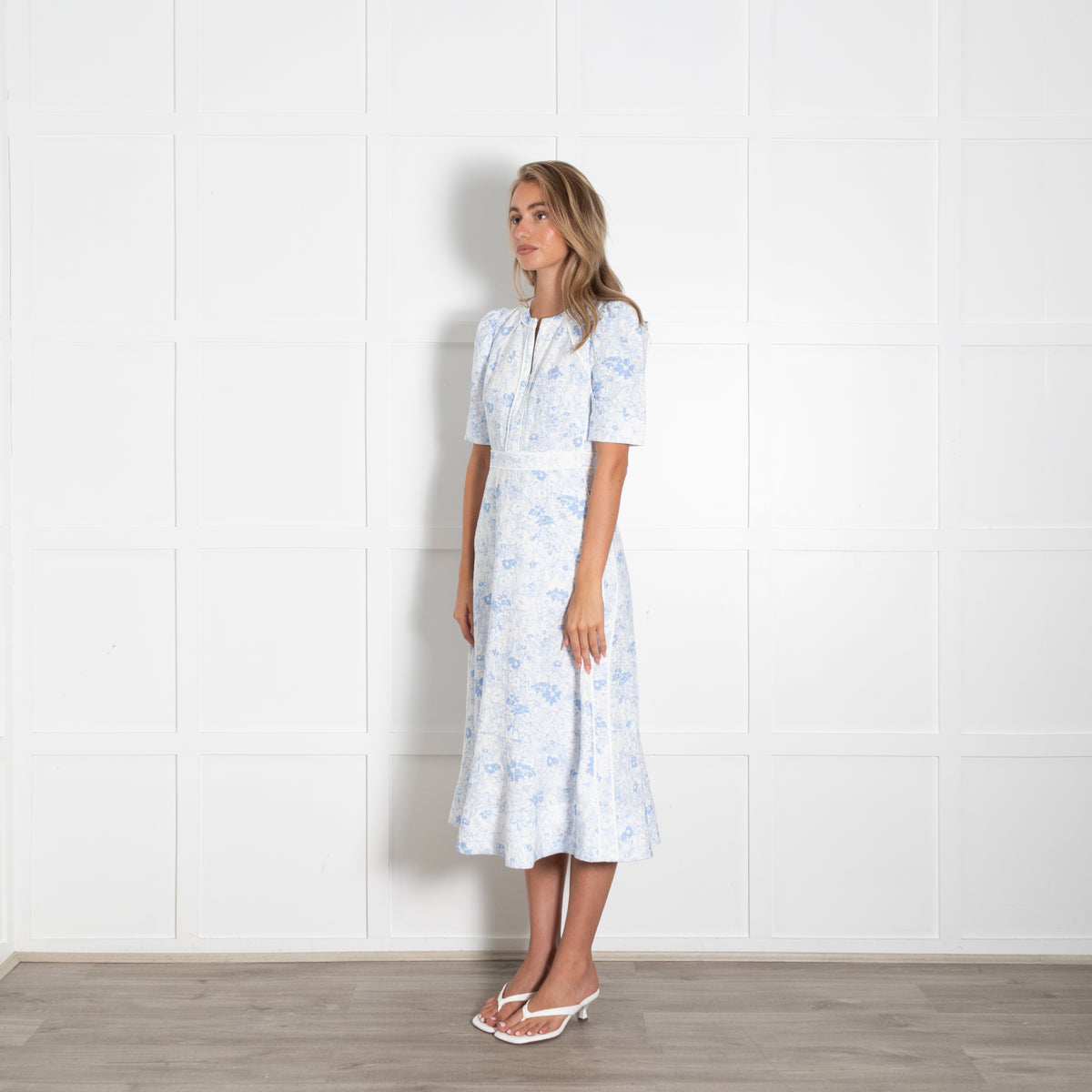 Me + Em White Blue Floral Textured Fabric Cotton Dress