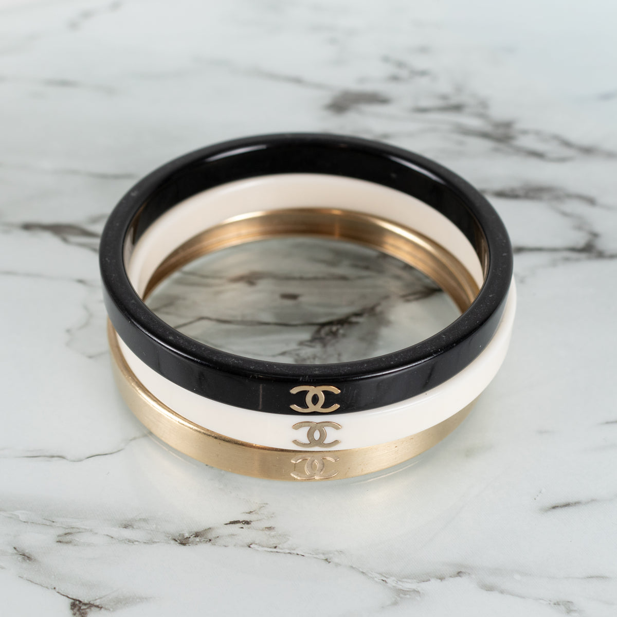 Chanel CC Resin Gold White Black Tone Bangles x3