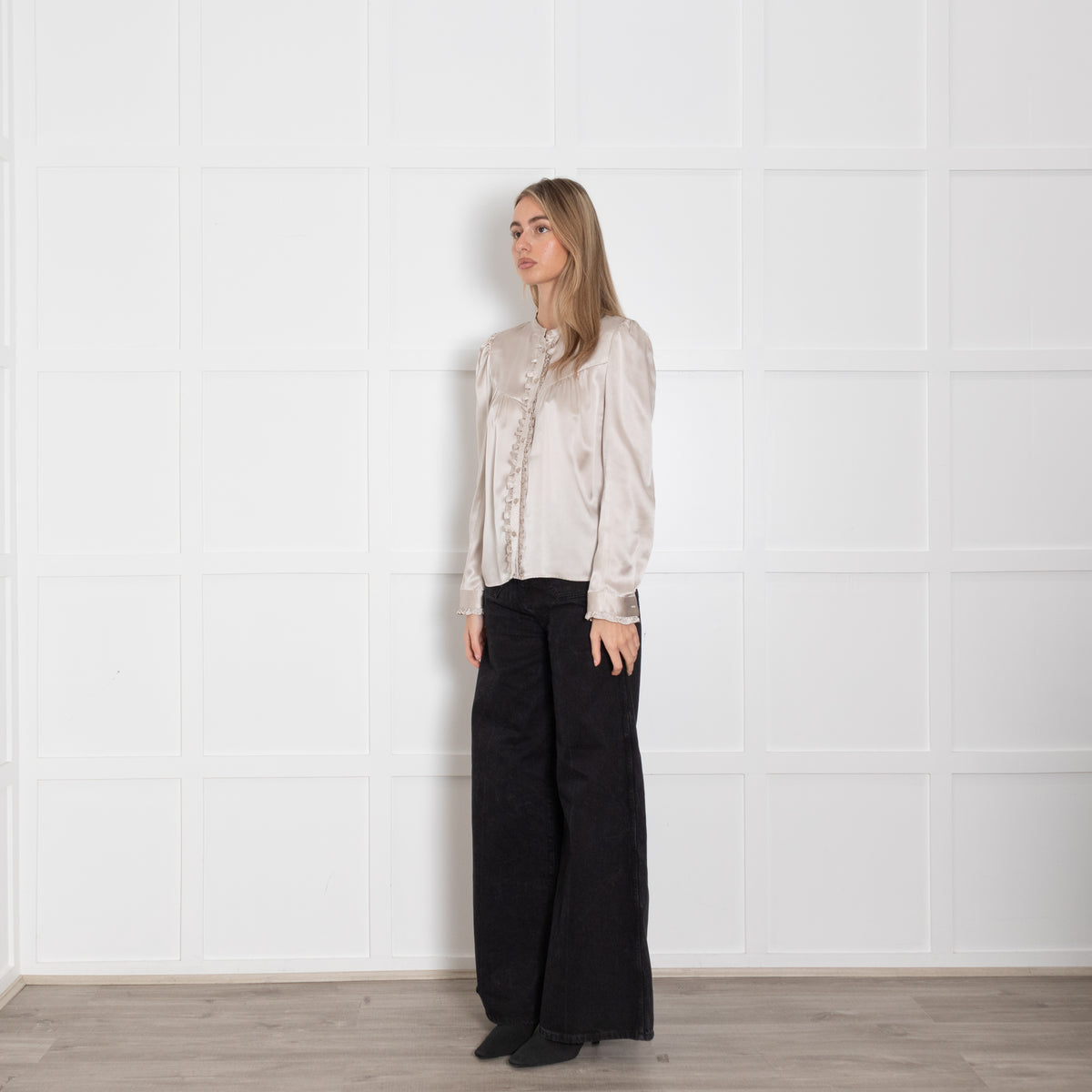 Wyse Light Gold Silk Satin Ruffle Trim Blouse