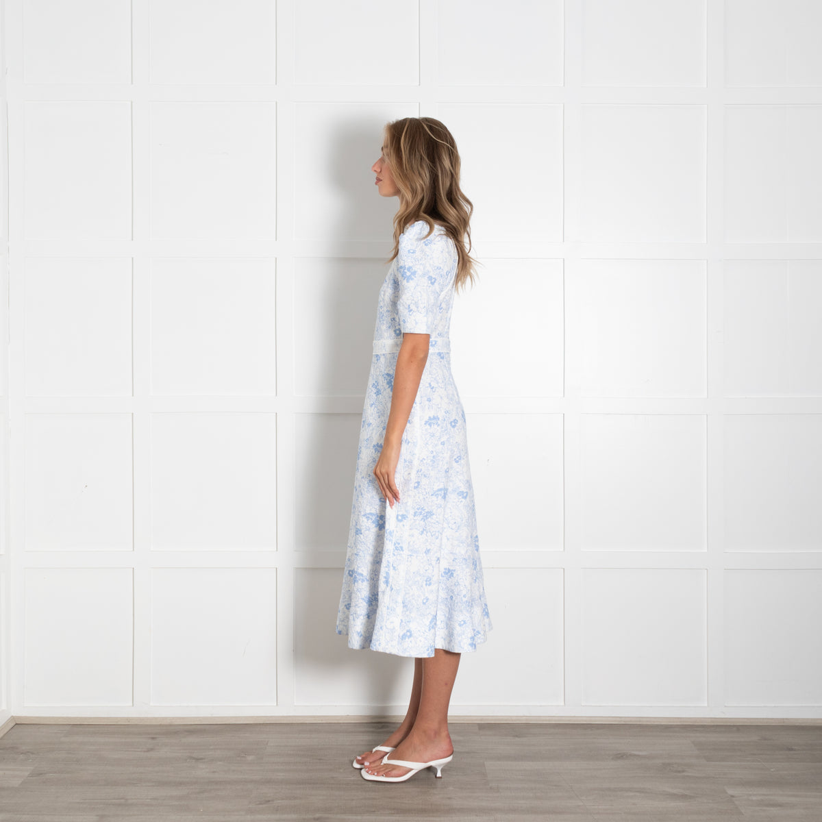 Me + Em White Blue Floral Textured Fabric Cotton Dress