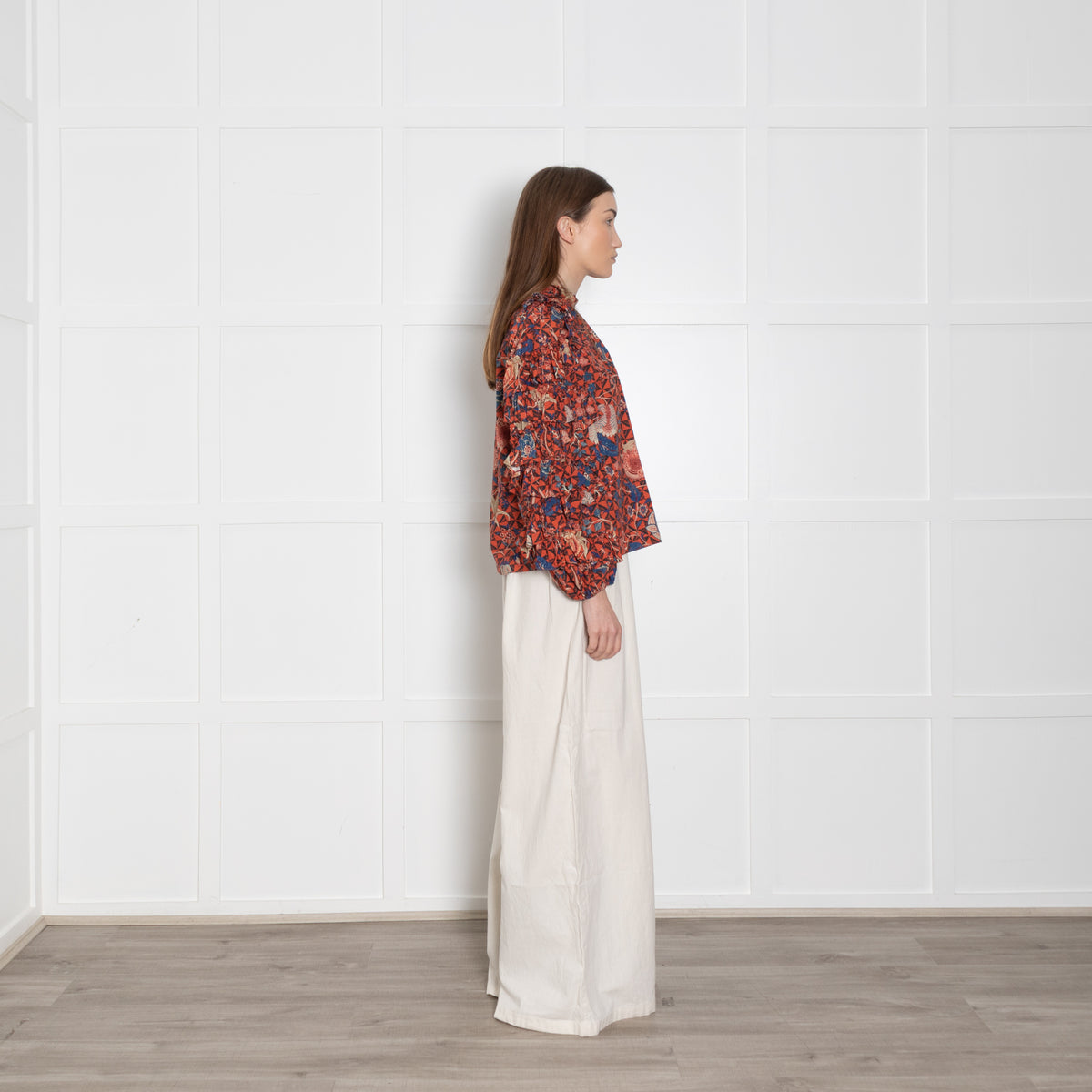 Ulla Johnson Orange, Blue, Beige,  Black Floral Blouse & Ruffled Sleeves