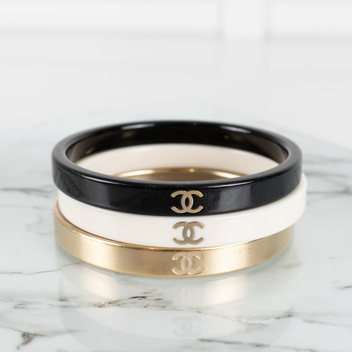 Chanel CC Resin Gold White Black Tone Bangles x3
