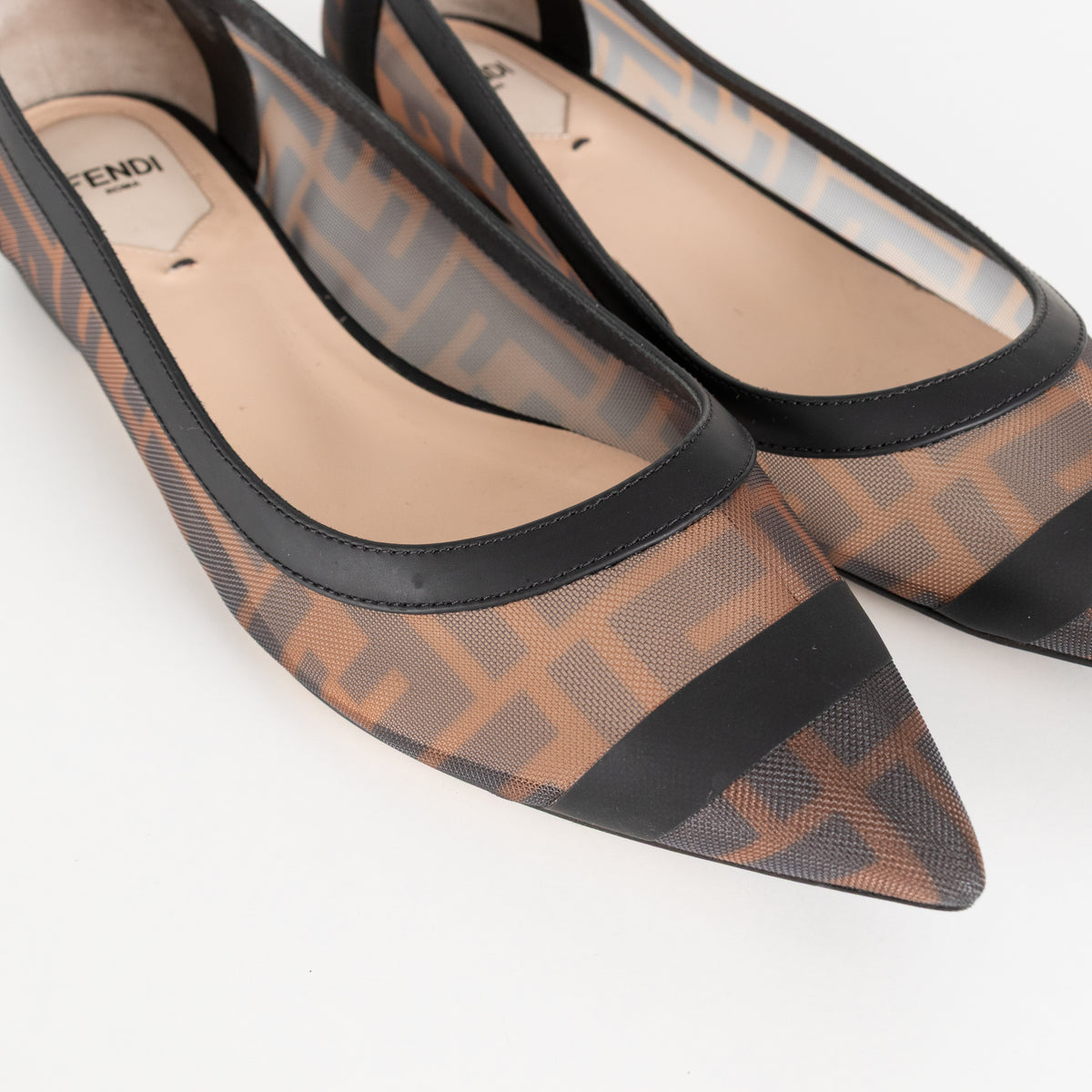 Fendi Brown Black Zucca Mesh Leather Flat Pumps