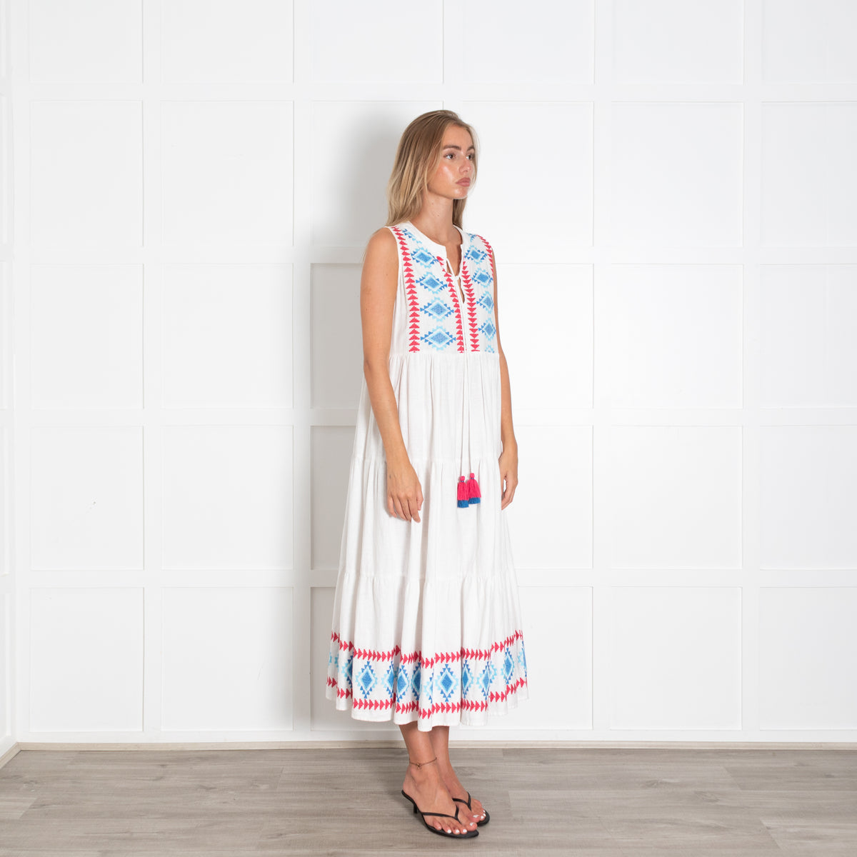 Passager White Dress With Pink And Blue Aztec Embroidery