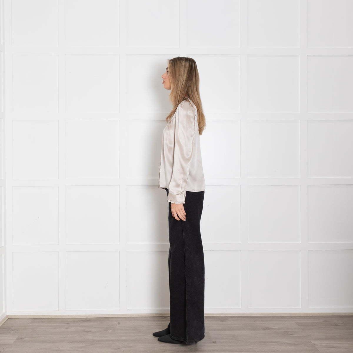 Wyse Light Gold Silk Satin Ruffle Trim Blouse