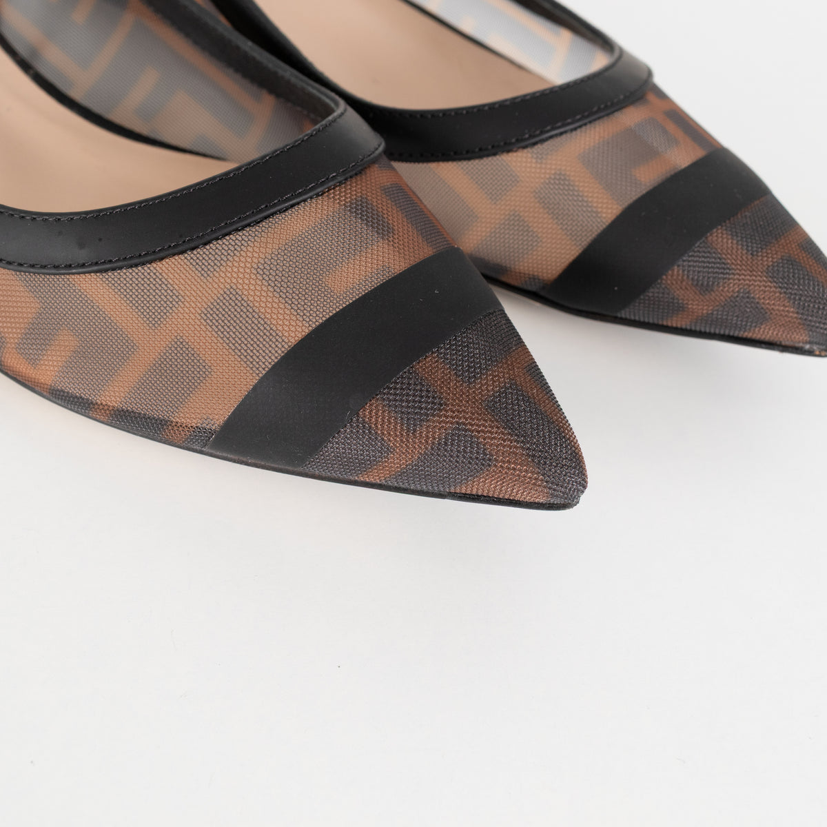 Fendi Brown Black Zucca Mesh Leather Flat Pumps