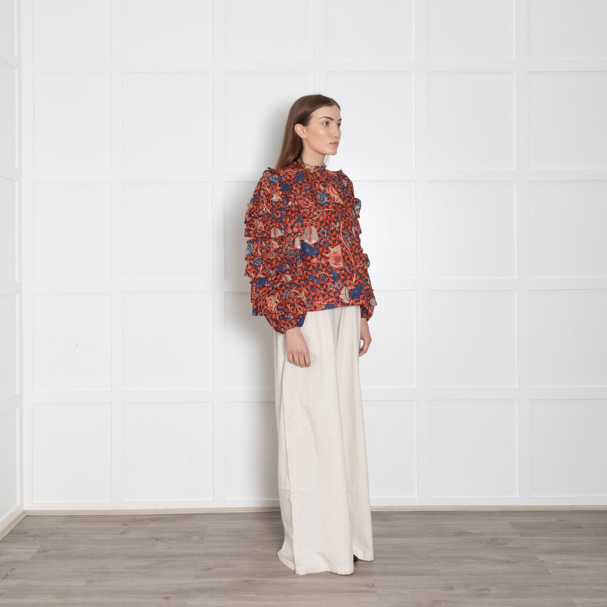 Ulla Johnson Orange, Blue, Beige,  Black Floral Blouse & Ruffled Sleeves