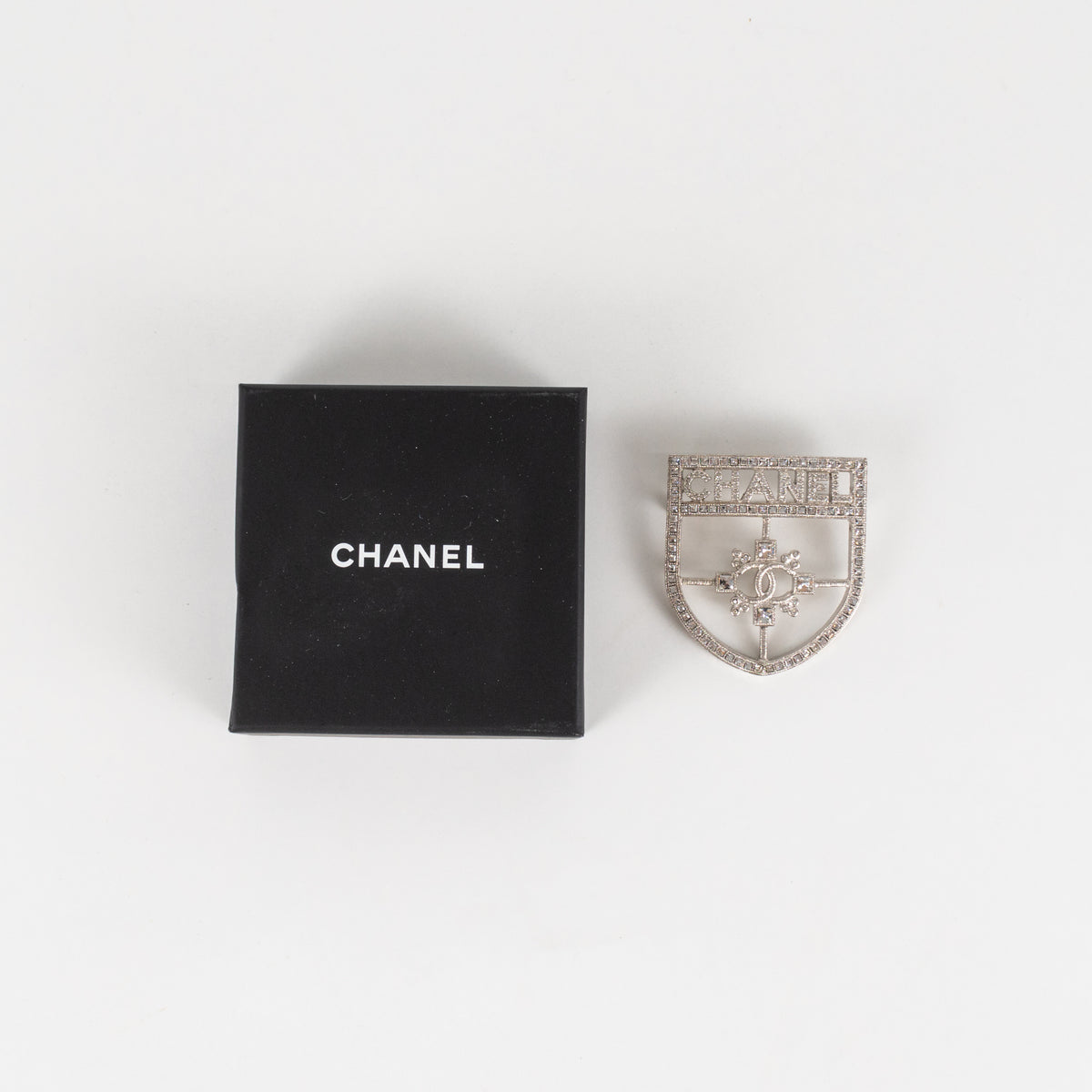 Chanel Silver Crystal Crest Shield Brooch