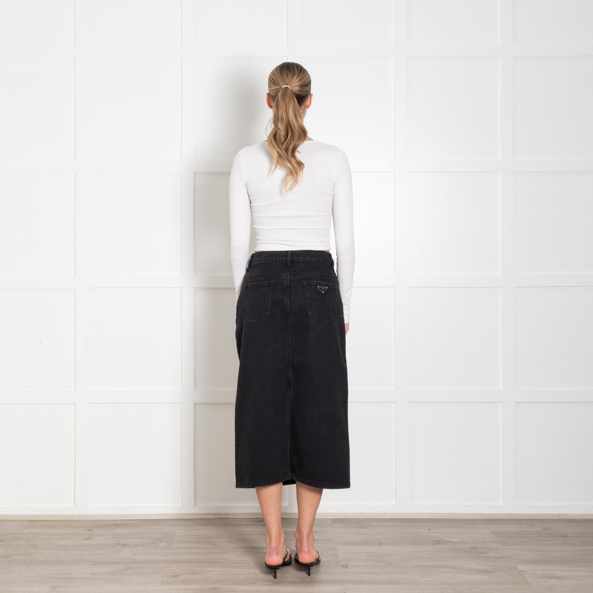 Prada Black Polyester Cotton Denim Long Skirt