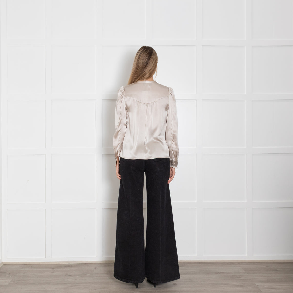 Wyse Light Gold Silk Satin Ruffle Trim Blouse