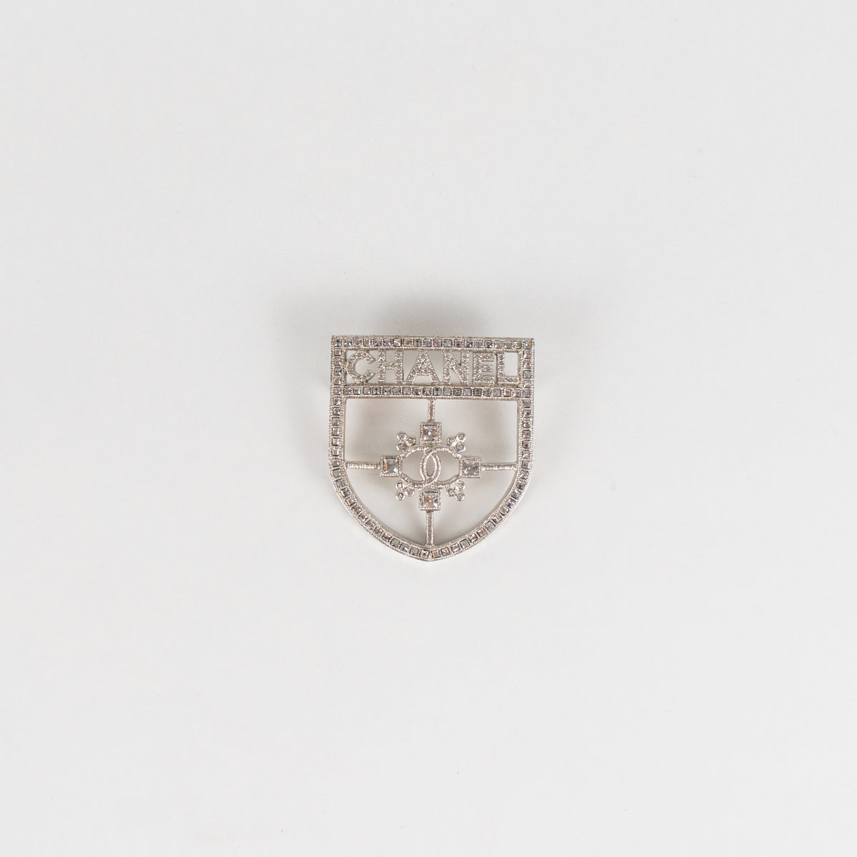 Chanel Silver Crystal Crest Shield Brooch