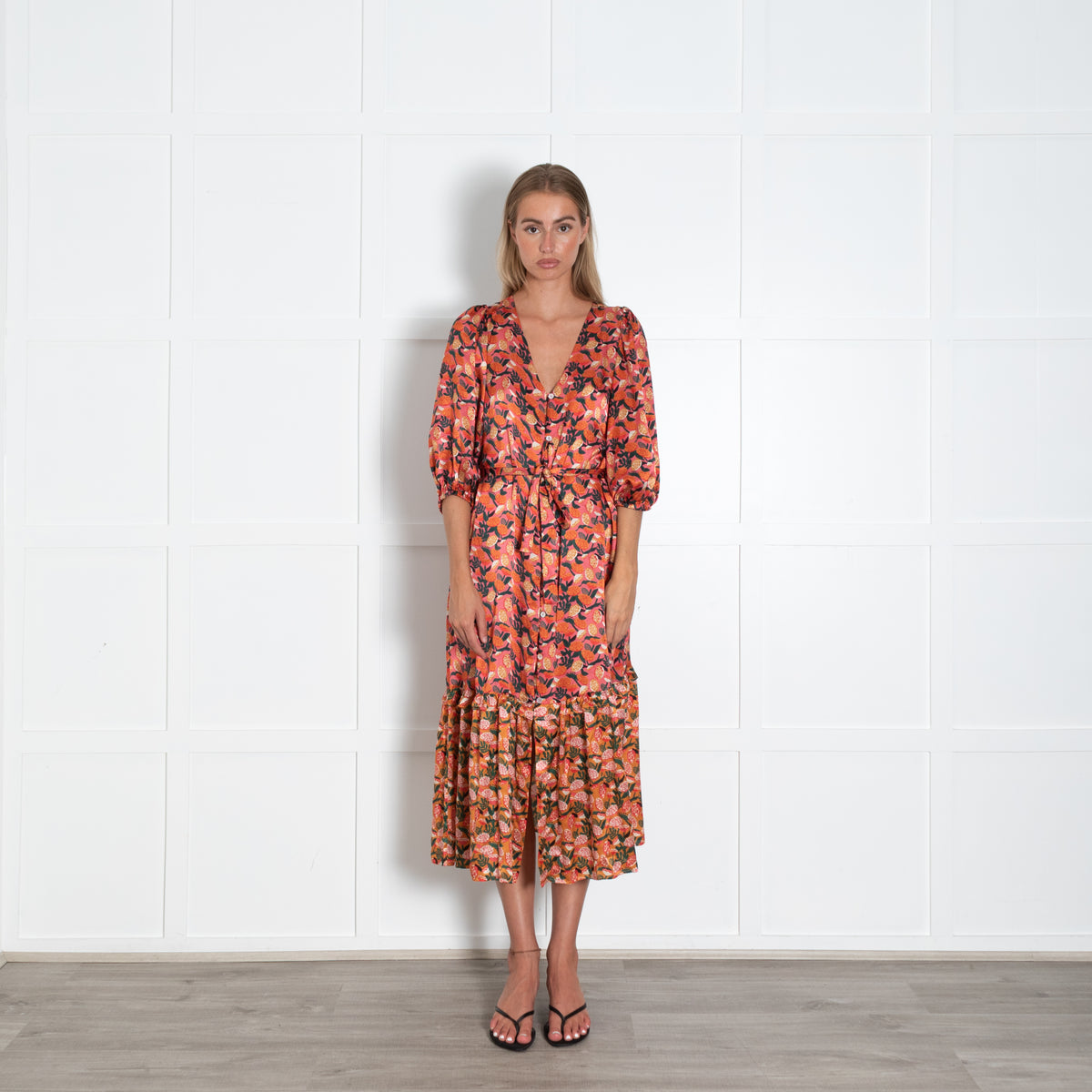 Emily Lovelock Pink Floral Longsleeve Buttondown Maxi Dress With Drop Pleated Skirt