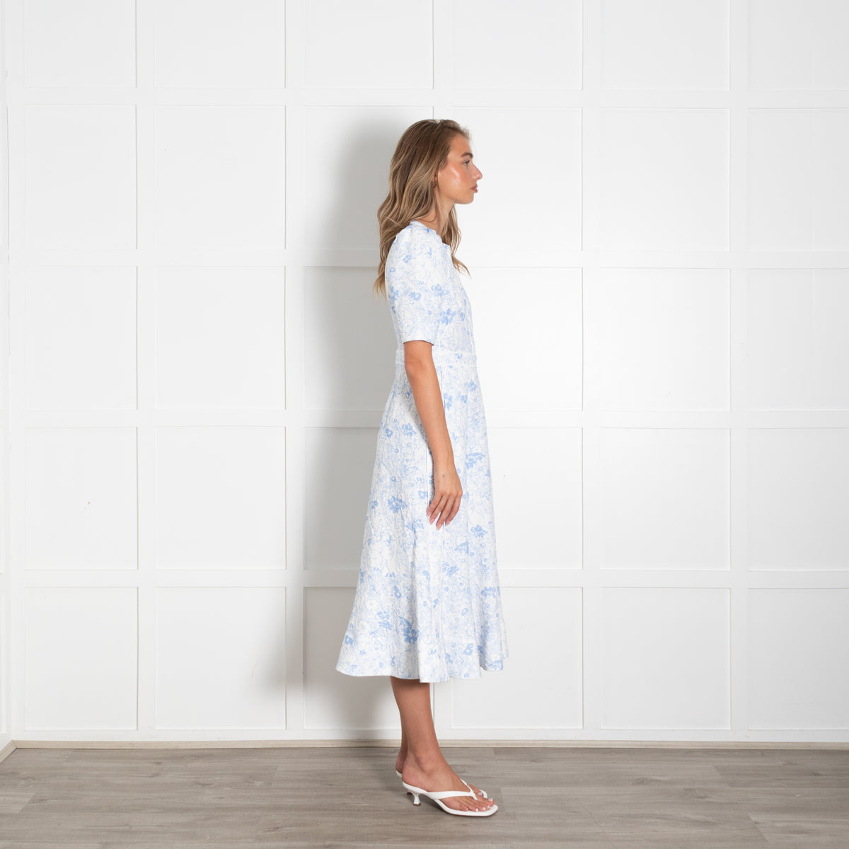 Me + Em White Blue Floral Textured Fabric Cotton Dress