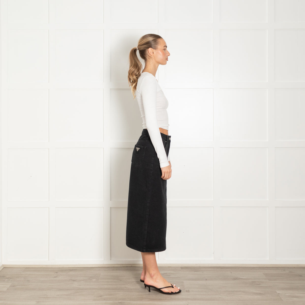 Prada Black Polyester Cotton Denim Long Skirt