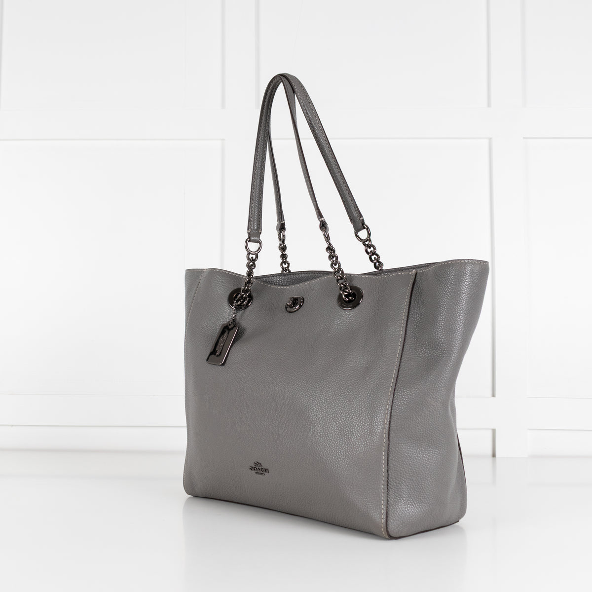 Coach Grey Pebbled Leather Turnlock Chain Tote
