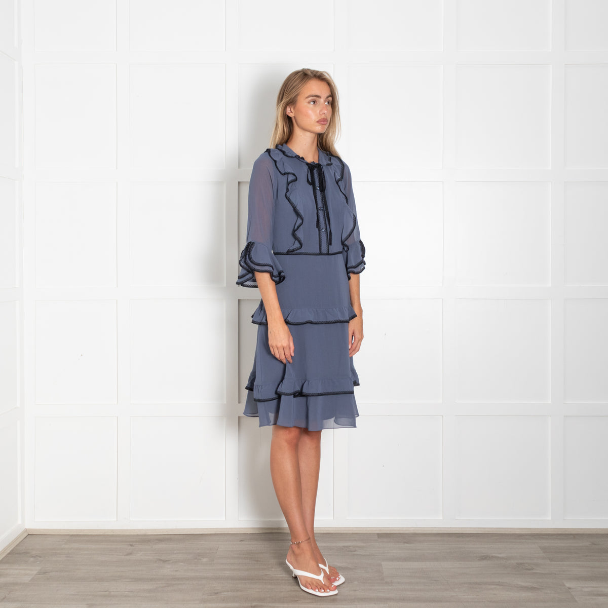 Mikael Aghal Air Force Blue Black Trim Long Sleeve Frilled Dress