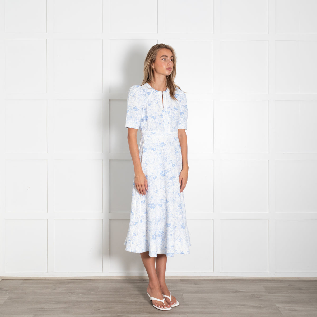 Me + Em White Blue Floral Textured Fabric Cotton Dress