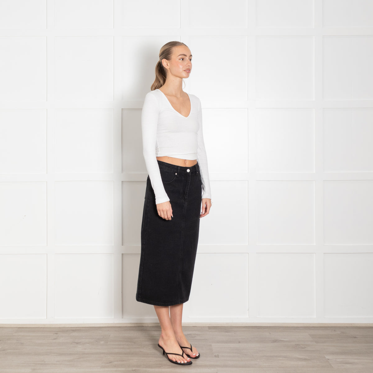 Prada Black Polyester Cotton Denim Long Skirt