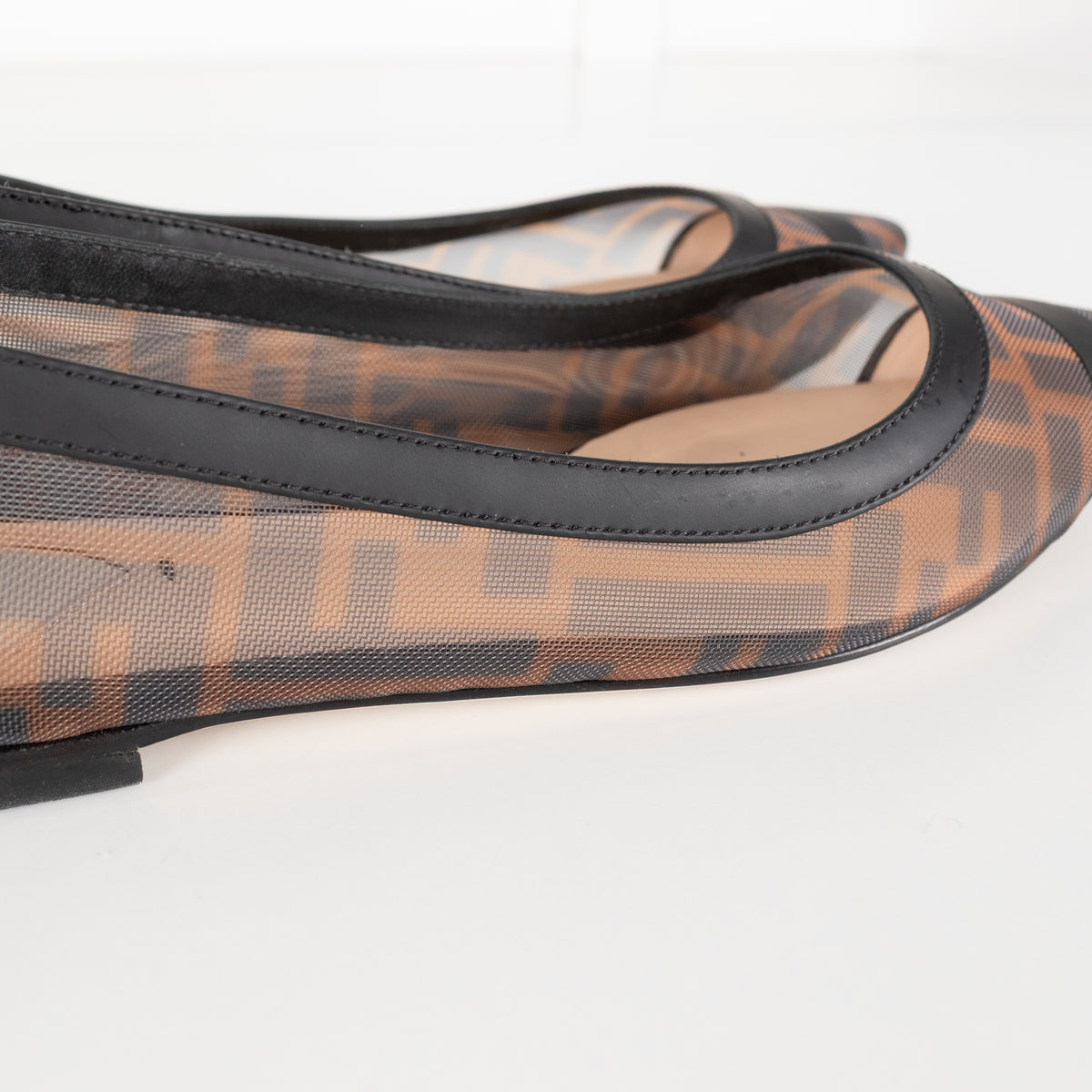 Fendi Brown Black Zucca Mesh Leather Flat Pumps