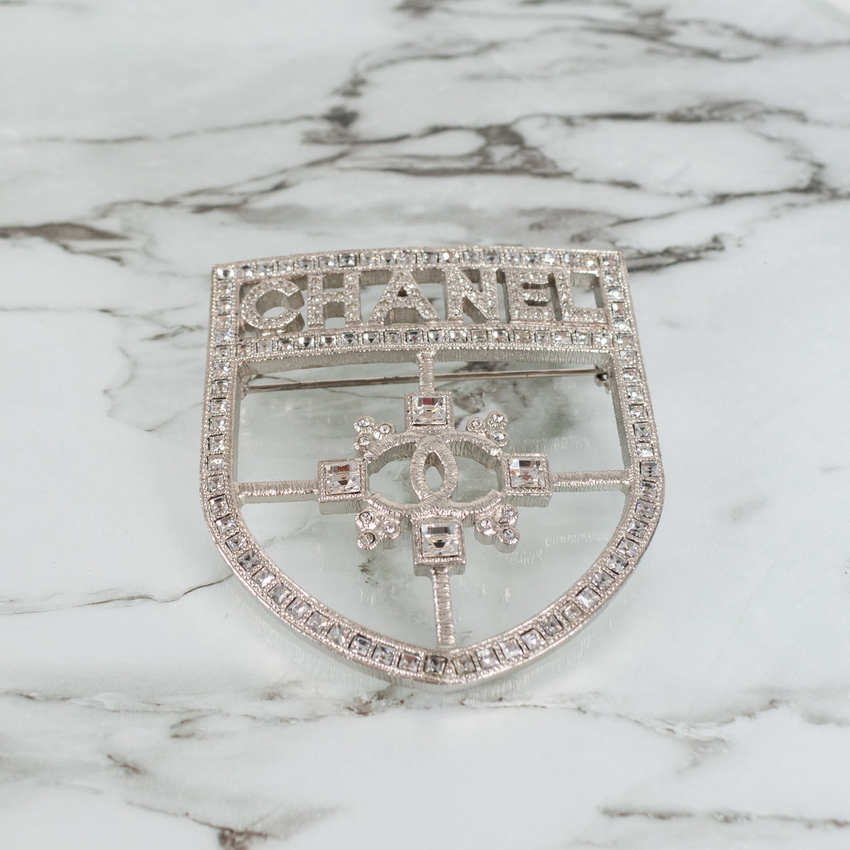 Chanel Silver Crystal Crest Shield Brooch