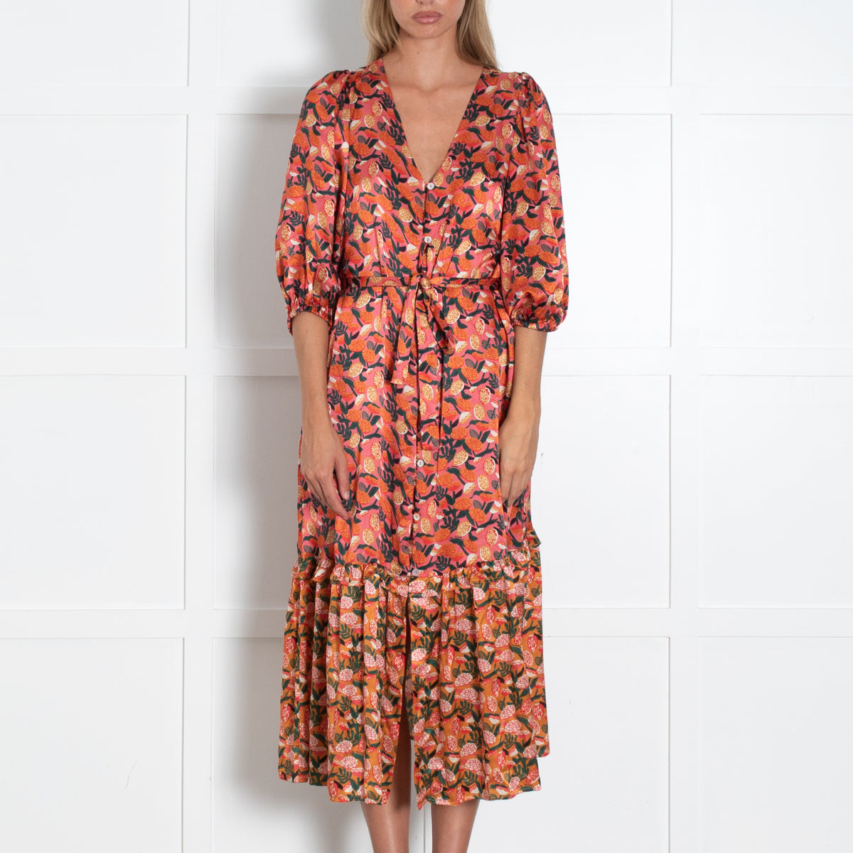 Emily Lovelock Pink Floral Longsleeve Buttondown Maxi Dress With Drop Pleated Skirt