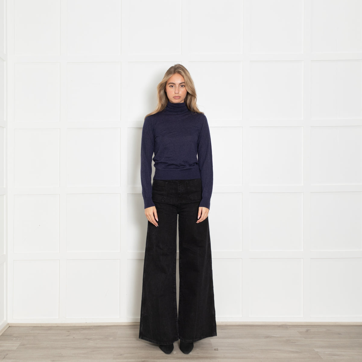 Loro Piano Navy Fine Knit Polo Neck Sweater