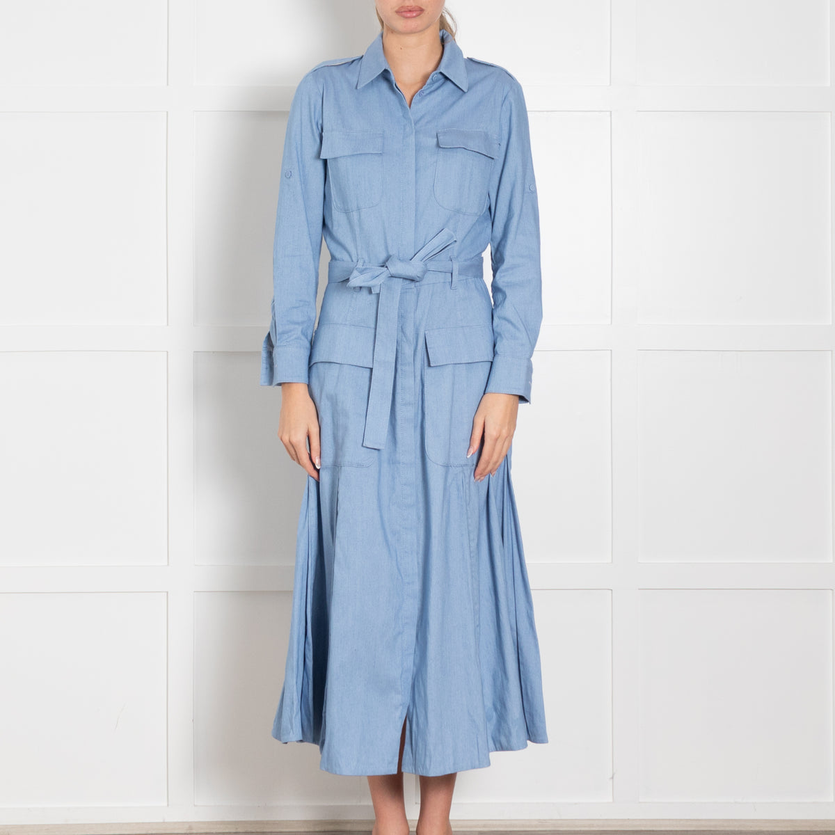 Gabriela Hearst Blue Pleated Belted Shirt Dress