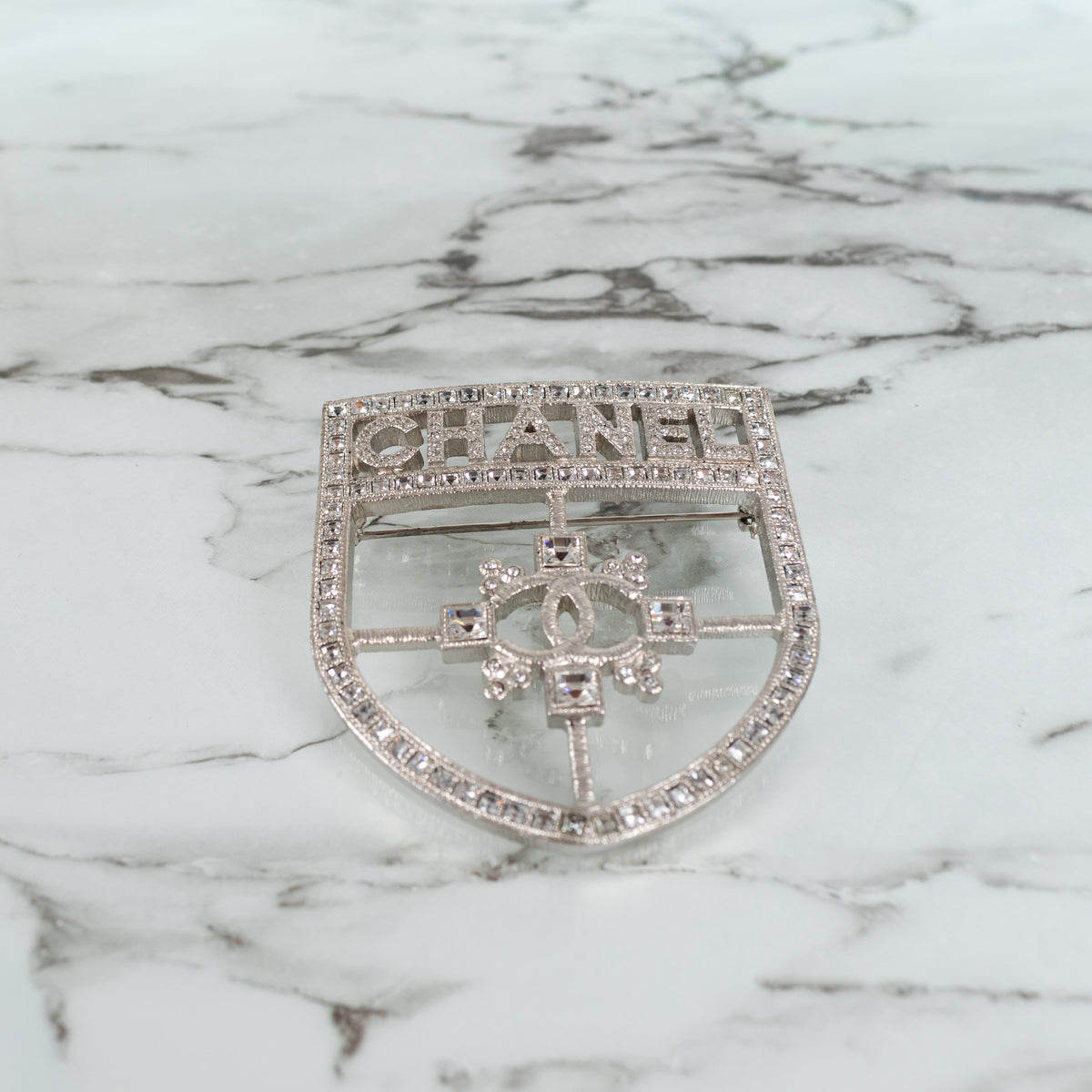 Chanel Silver Crystal Crest Shield Brooch