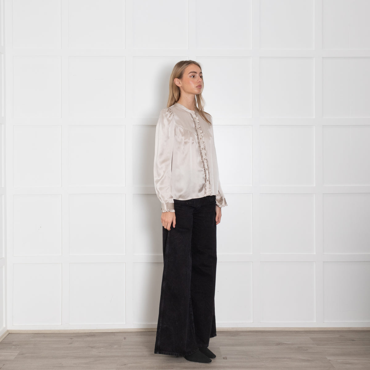 Wyse Light Gold Silk Satin Ruffle Trim Blouse