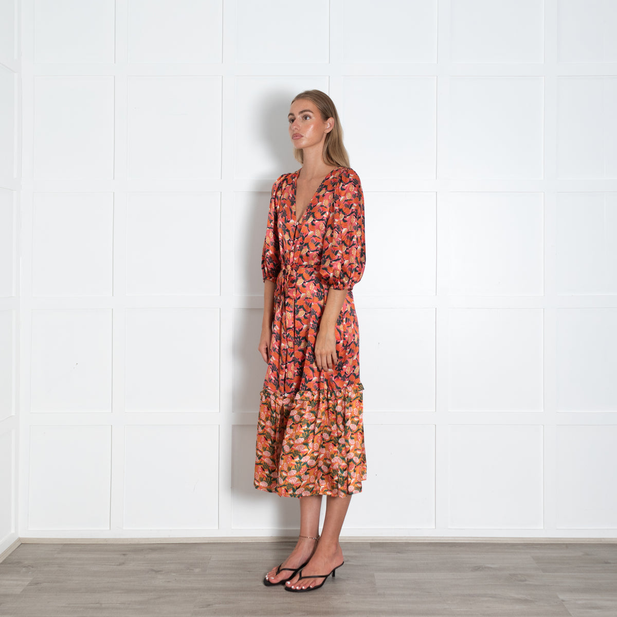 Emily Lovelock Pink Floral Longsleeve Buttondown Maxi Dress With Drop Pleated Skirt